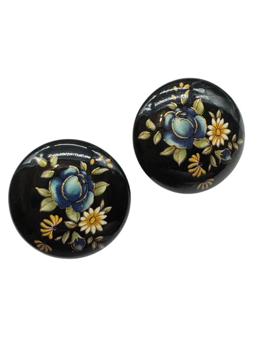 Vintage Black lacquered Floral Earrings 1" Round Hand Painted Pierced